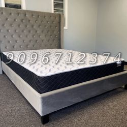 Queen Black Chanelle Wingback Platform Bed w. Orhopedic Mattress Included 