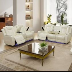 NEW💥Creamy White Power Recliner Sofa Set with Storage Console/Cup Holders/USB Ports💥