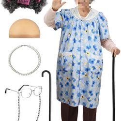 Zhanmai 11 Pcs Old Lady Costume 100 Days of School Robe Granny Wig