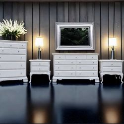 🤍 Four-Piece Maple Bedroom Set, Dresser, Chest Of Drawers AndTwo Nightstands In White