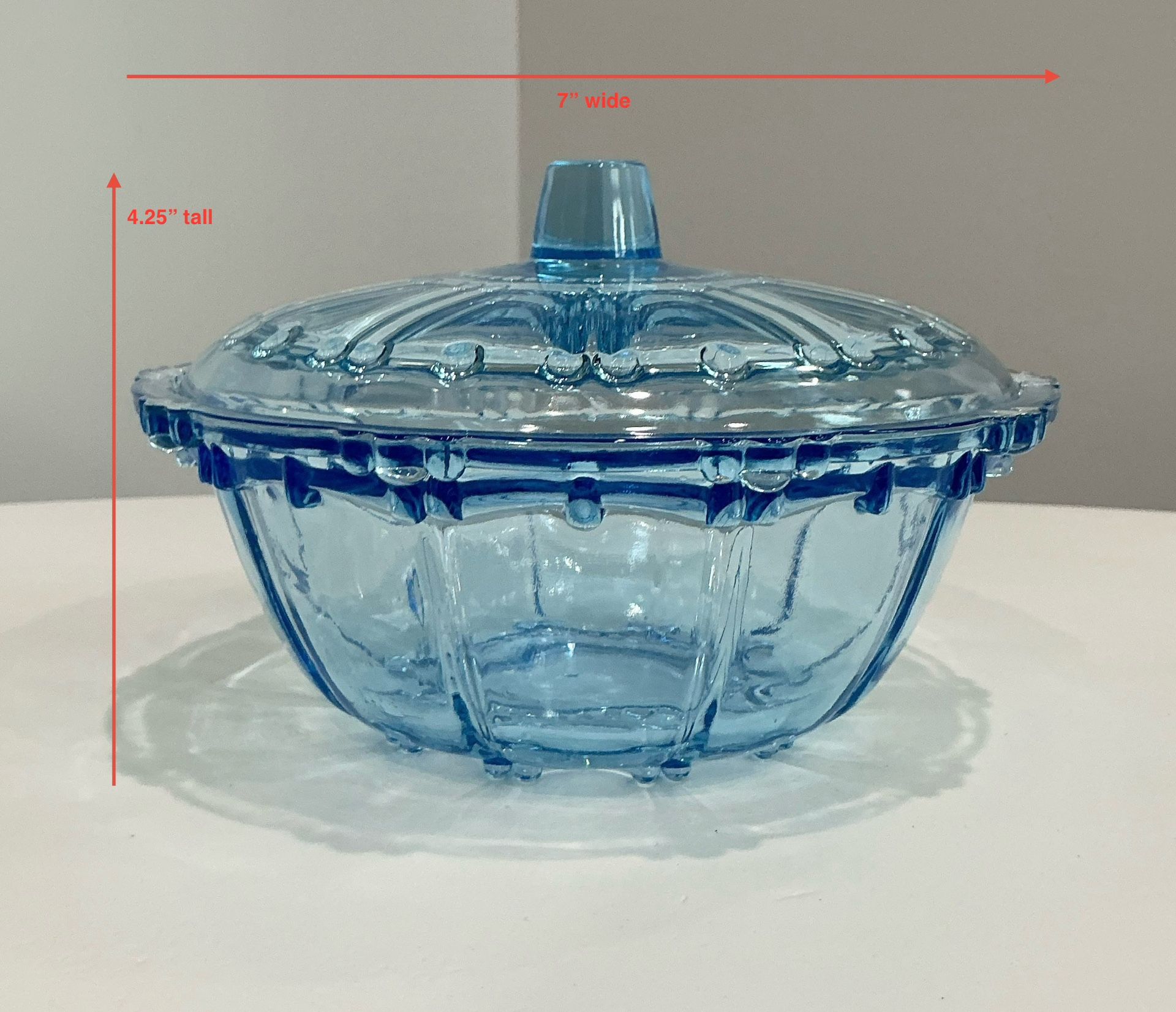 Vintage KIG Light Pearl Blue Etched Depression Glass Candy Dish with Lid