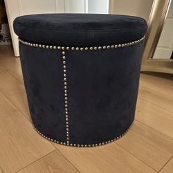 Blue Round Storage Ottoman With Silver Pearl Trim