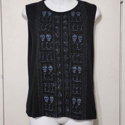Elodie Black Sleeveless Tank Top – Blue Skull & Geometric Embroidered Pattern – Size Small