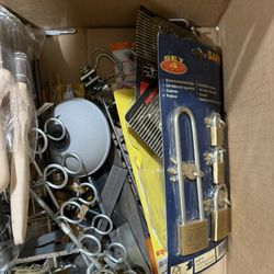 Assorted Tools - Hooks, Locks, Level, Chisels, etc