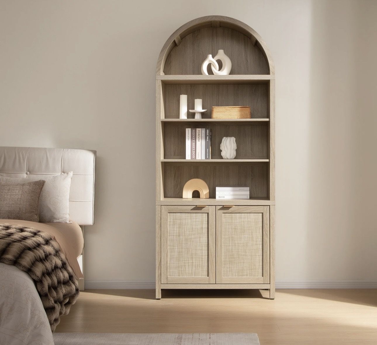 BK116A1XLTY1263 new in box Book Shelf Arched Cabinet Bookshelf Arch 84.2" Tall Bookcase 5 Tier Large Bookshelves with Doors Storage Rattan Boho Wide B