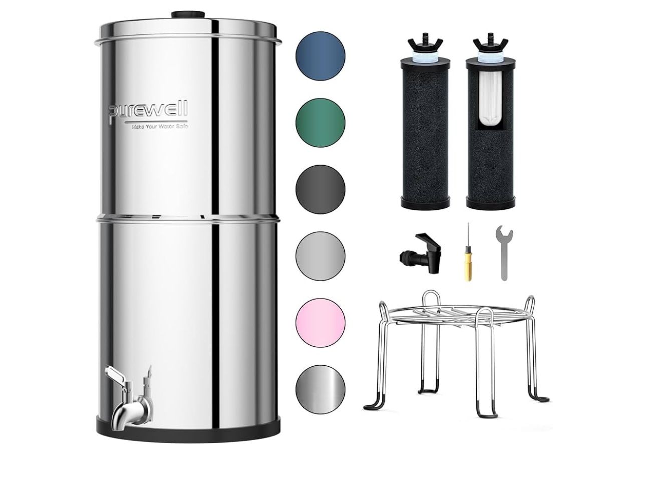 Purewell 3-Stage 0.01μm Ultra-Filtration Gravity Water Filter System, NSF/ANSI 42&372 Certification, 304 Stainless Steel Countertop System with 2 Filt
