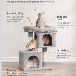 Cat Tree, 26.4-Inch Cat Tower, S, Cat Condo for Kittens up to 7 lb, Large Cat Perch, 2 Cat Caves, Scratching Post, Light Gray UPCT611W01
