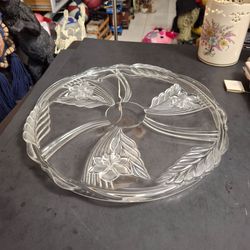 Vintage 80's Lead Crystal Cake Stand Serving Plate, Heavy Cut Crystal Floral Design, Raised Embossing & Rim 14" By Walther Glass