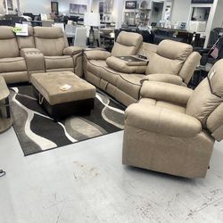 Beige Manual Reclining Couch Set