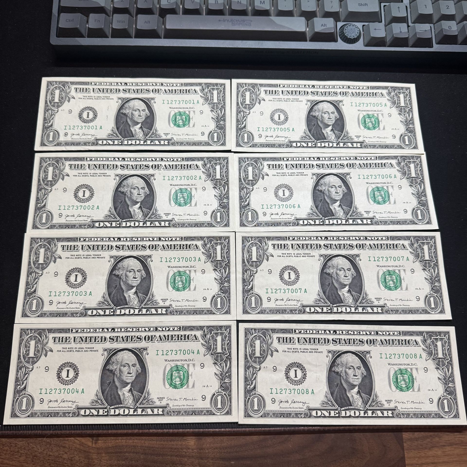 8 Sequential Serial Numbers $1 Uncirculated One Dollar Bills