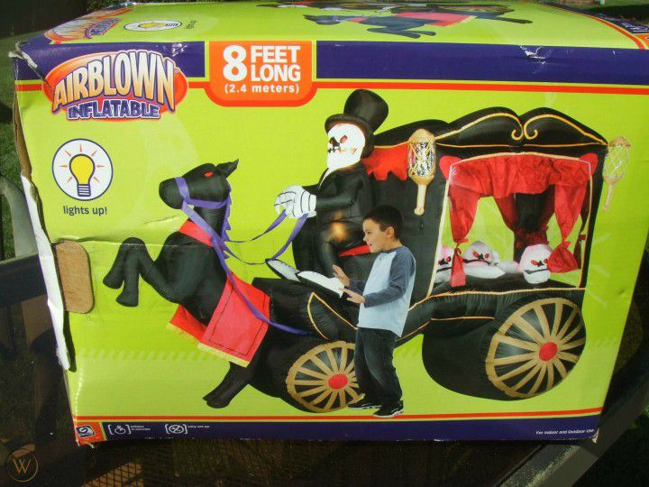 Gemmy Halloween Inflatable Horse Drawn Carriage Hearse 8 Ft Light Up Skeleton