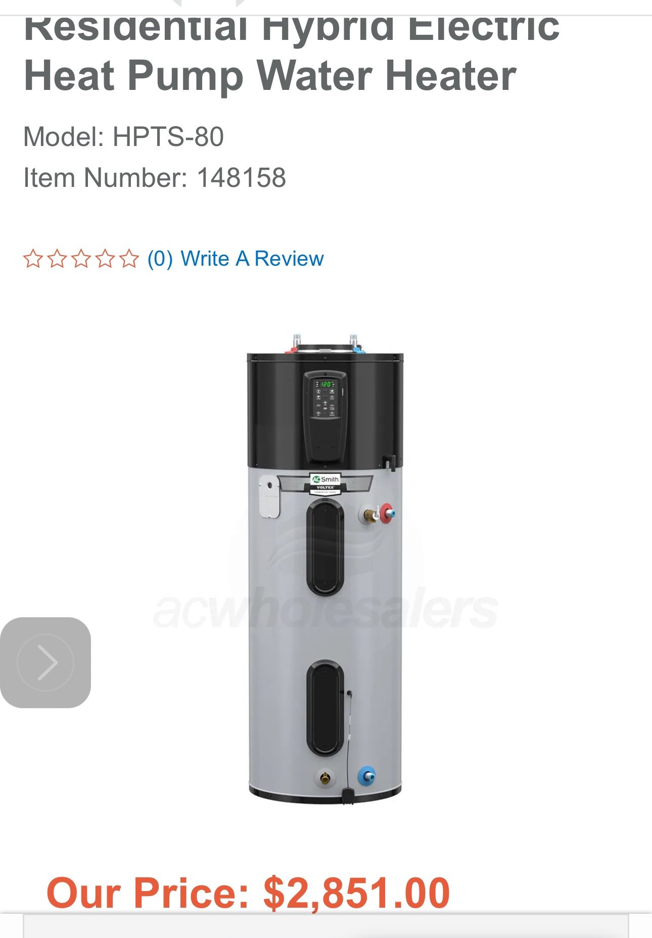 80 Gallon Hybrid Heat Pump Water Heater AO Smith 900 