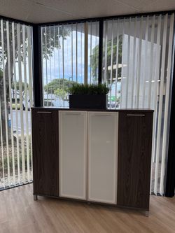Modern 4-Door Office Storage Credenza – White & Dark Wood