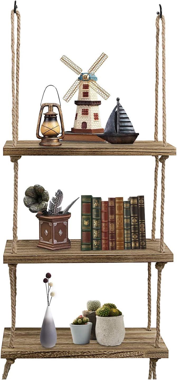 Wall Hanging Shelf, 3 Tier Distressed Wood Swing Storage Shelves Jute Rope Organizer Rack, Rustic Home Wall Decor (Natural)