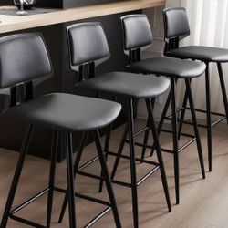 Leather Set of  Counter Bar Stools,Bar Height Stools,28" Modern Bar Chairs with Backs and Metal Legs 4 PCs