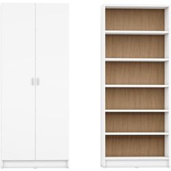 Manhattan Comfort Greenwich 6-Shelf Wide Trente 2.0 Bookcase with Doors in White Matte and Maple Cream