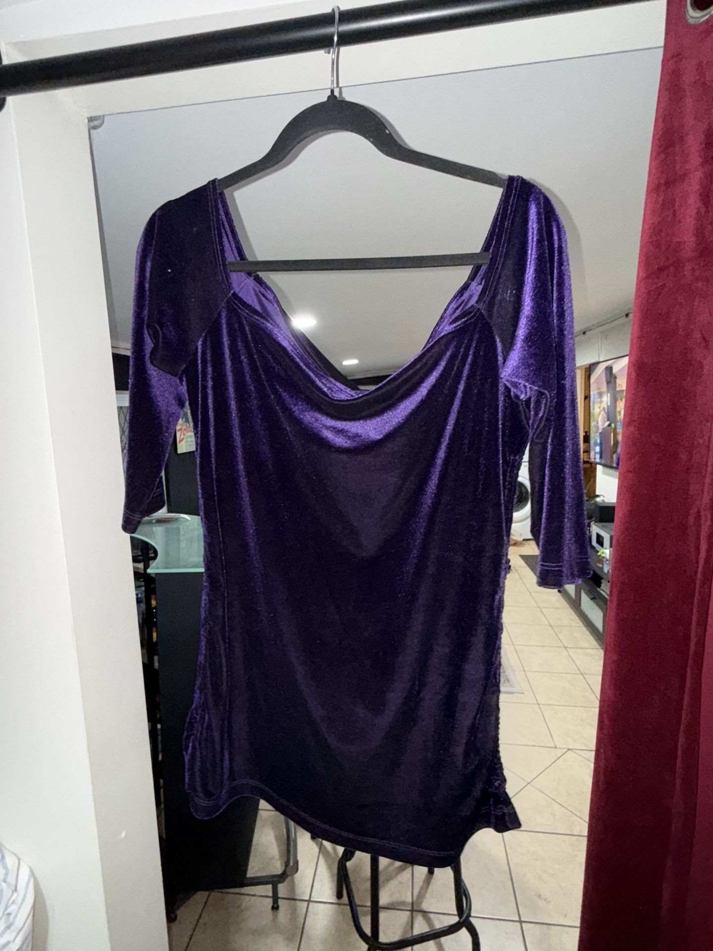Purple Velvet Cowl Neck Dress – 3/4 Sleeve Mini