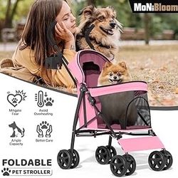 4 Wheels Pet Stroller, Easy-Fold Puppy Cage Jogger Stroller with Sun Cover, Pad and Rear Storage Bag, Breathable and Visible Mesh for Small/Medium Pet