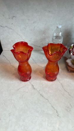 Vintage Jack in the Pulpit orange color vase, bubble glass 7.5”  ruffled shape Christmas