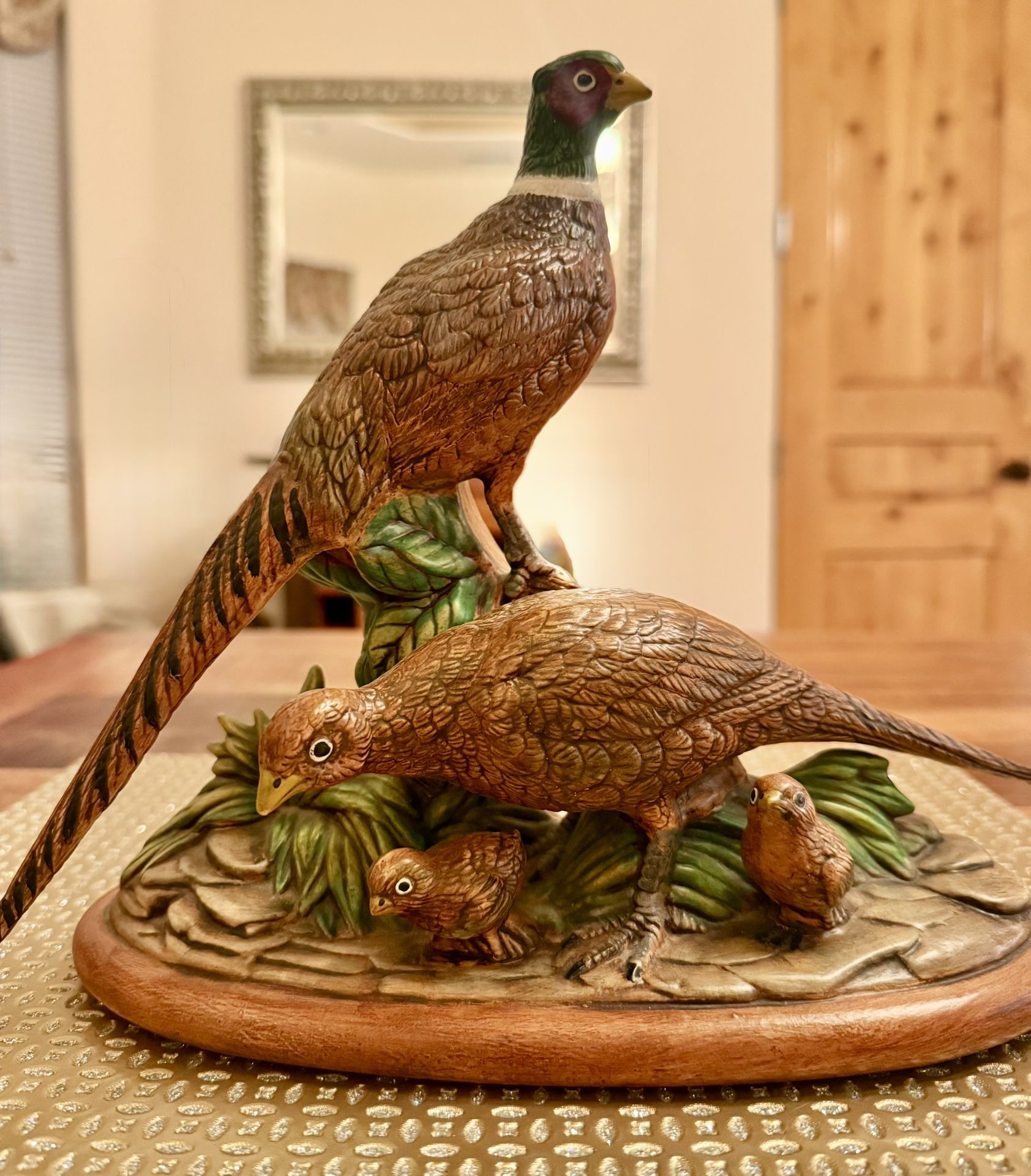 Vintage Ring Neck Pheasant Pair, Male and Felmale with 2 baby chicks