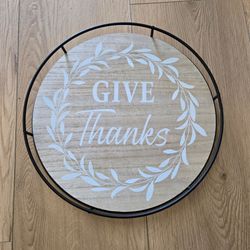 Give Thanks Round Wood and Metal Wall Sign