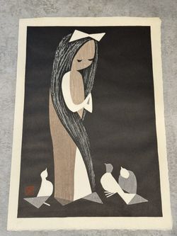 c1950 Midcentury Japanese Woodblock Print "Doves and Girl" by Kaoru Kawano