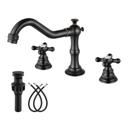gotonovo Bathroom Faucet 3 Hole 8 Inch Widespread Bathroom Sink Faucet 2 Cross Handles Vintage Lavatory Vanity Mixer Tap with Pop Up Drain, HOT Cold L