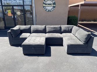 USED – 6 pc Tisdale Modular Sectional Sofa Couch in Dark Gray with Ottoman