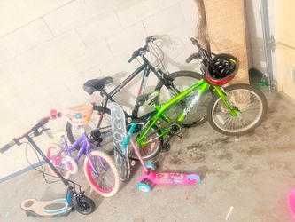 Kids Bikes, Scooter & Skateboard Set - Good Condition Description: Kids bike set for sale. Includes: * 2 kids bicycles (different sizes) * Scooter * S