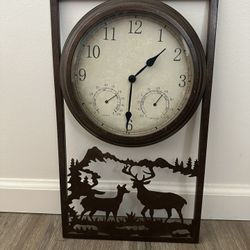 Rustic style mountain and deer silhouette clock with thermometer and hygrometer