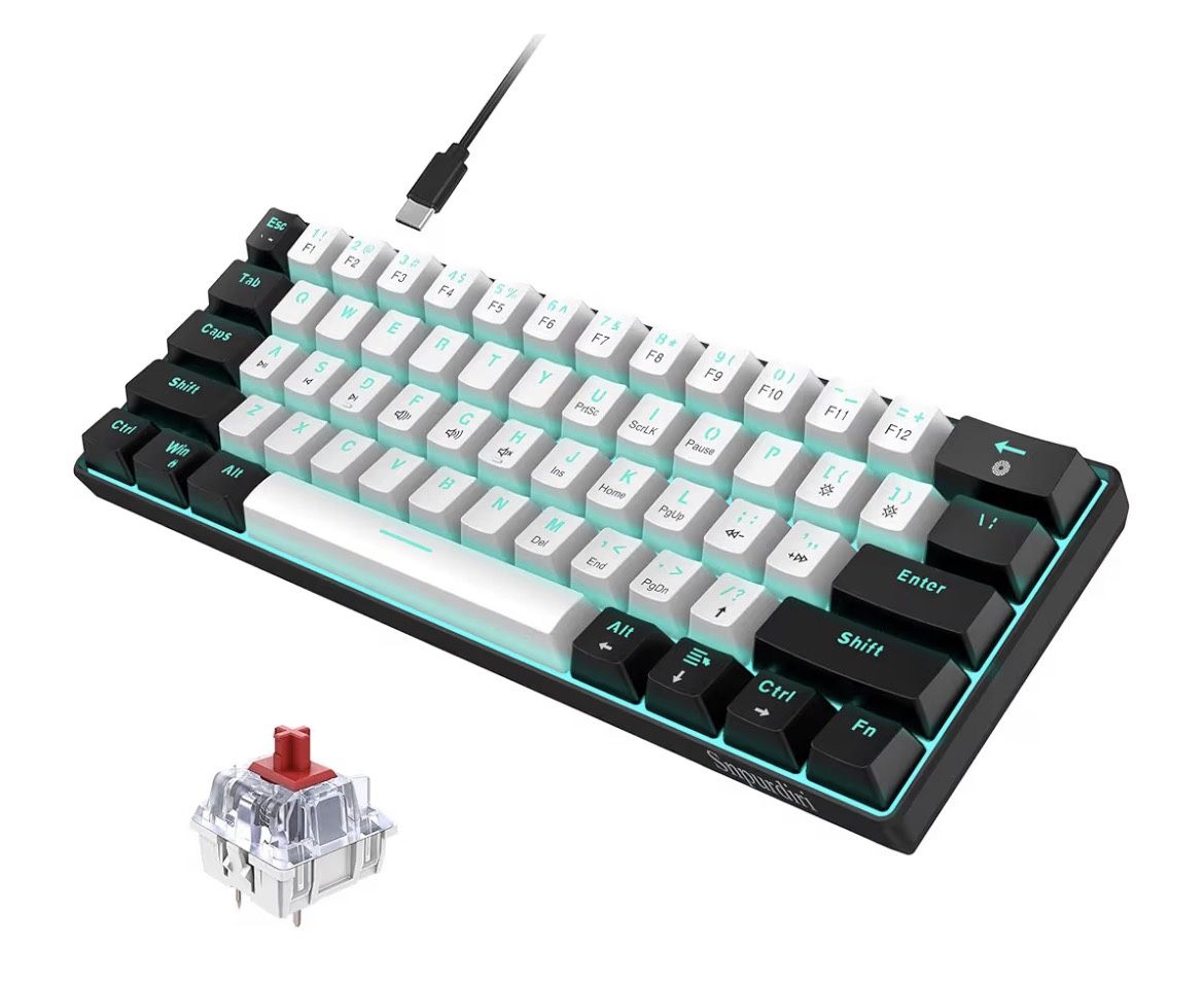 Snpurdiri 60% Wired Mechanical Gaming Keyboard, Ice Blue LED Backlit 61 Keys Mini Wired Office Keyboard for Windows Laptop PC Mac (Black-White, Red Sw
