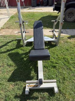 Very nice and strong Olympic weight bench can adjust bench to many positions. Can put weight plates on rack as well. $400