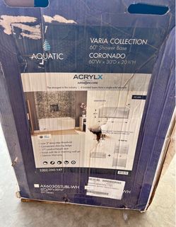 Aquatic Acrylx Shower base with seat, NEW! 60”W x30”Dx20 5/8”H