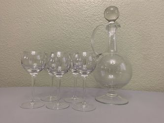Vintage Toscany Clear Glass Wine Decanter & 5 Stemware Glasses Set