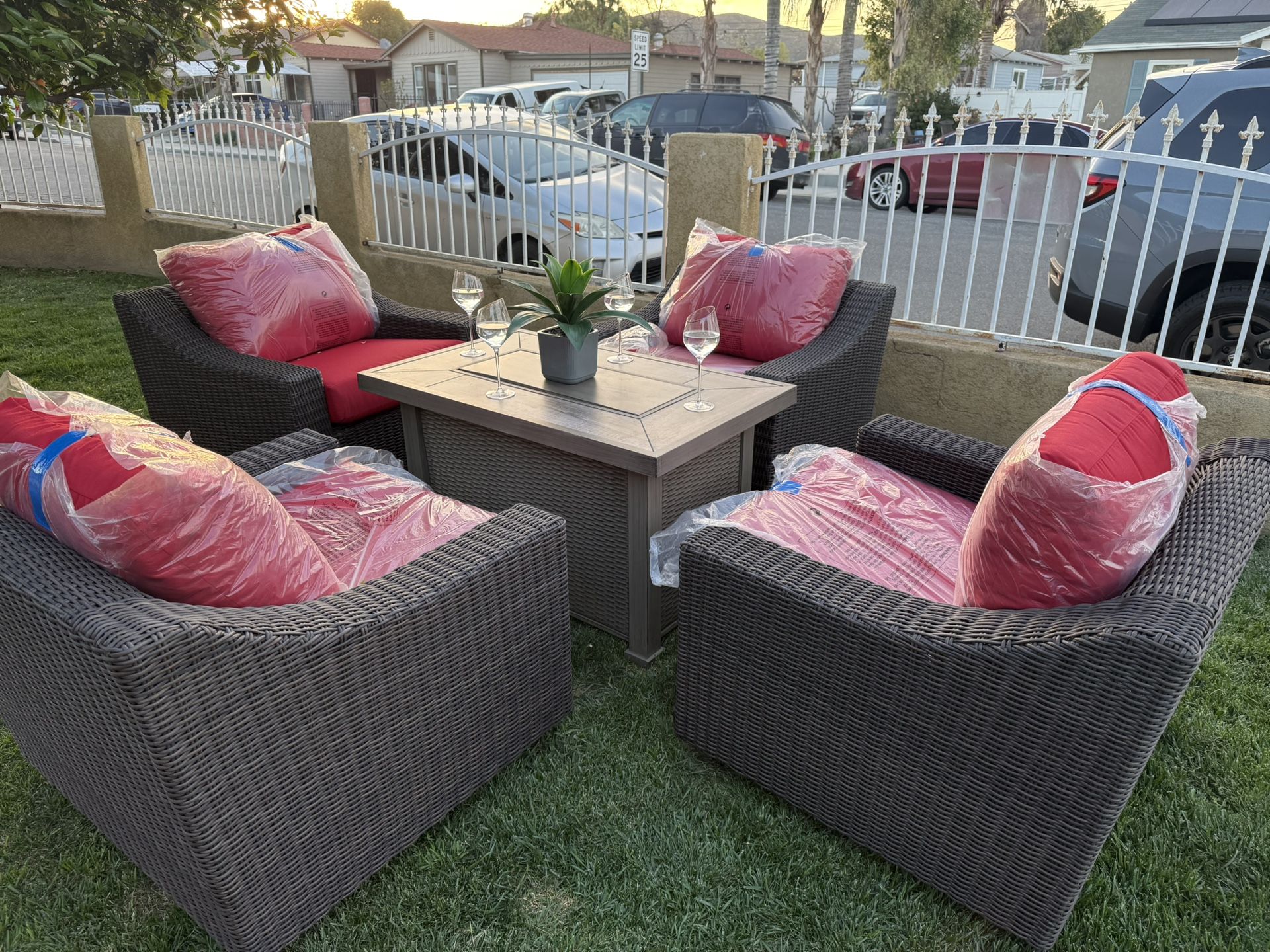 Brand New Patio Outdoor Furniture Set With Fire Pit Sunbrella