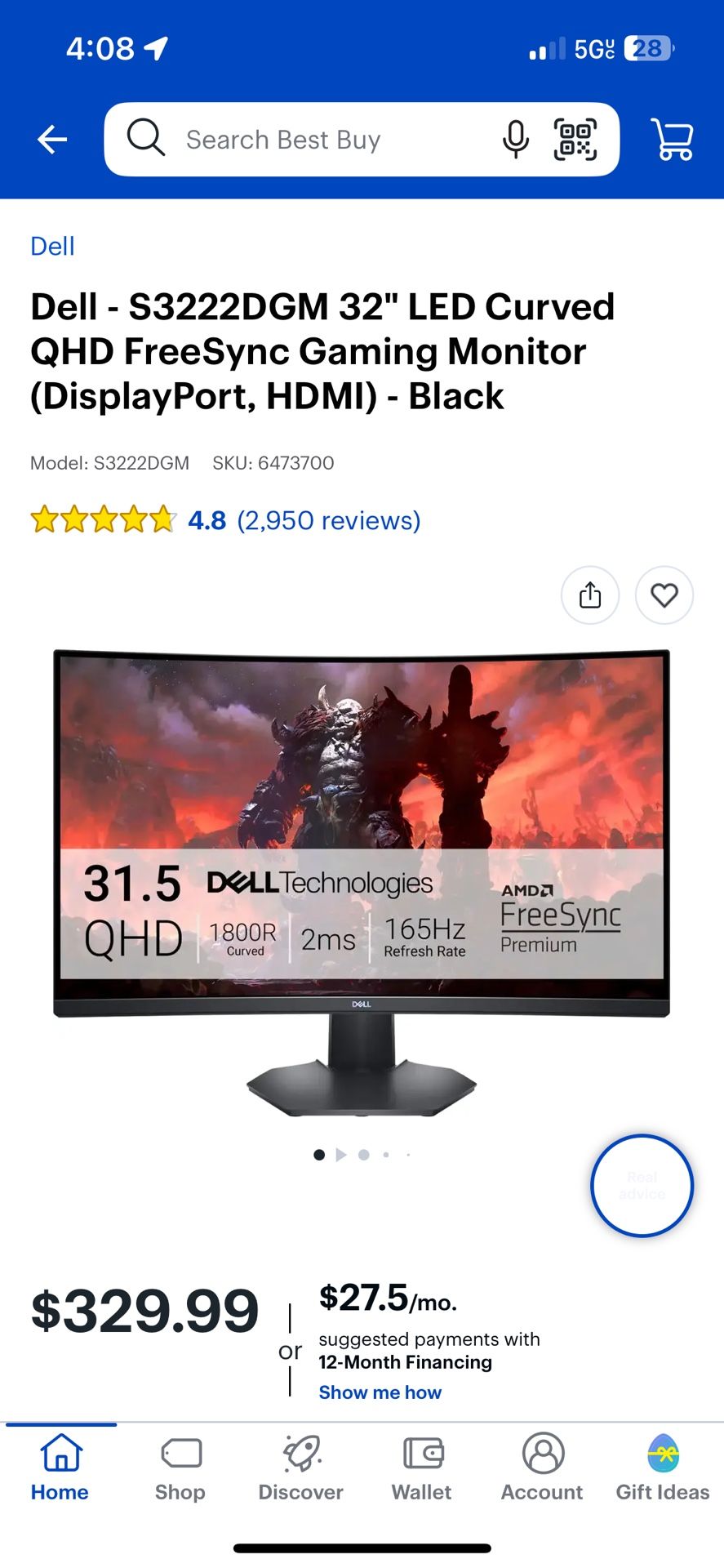 Dell S3222DGM 32" Curved Gaming Monitor (QHD, 165Hz, FreeSync)