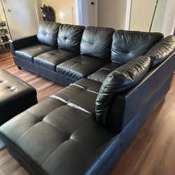 Black Faux Leather L-Shaped Sectional with Storage Ottoman