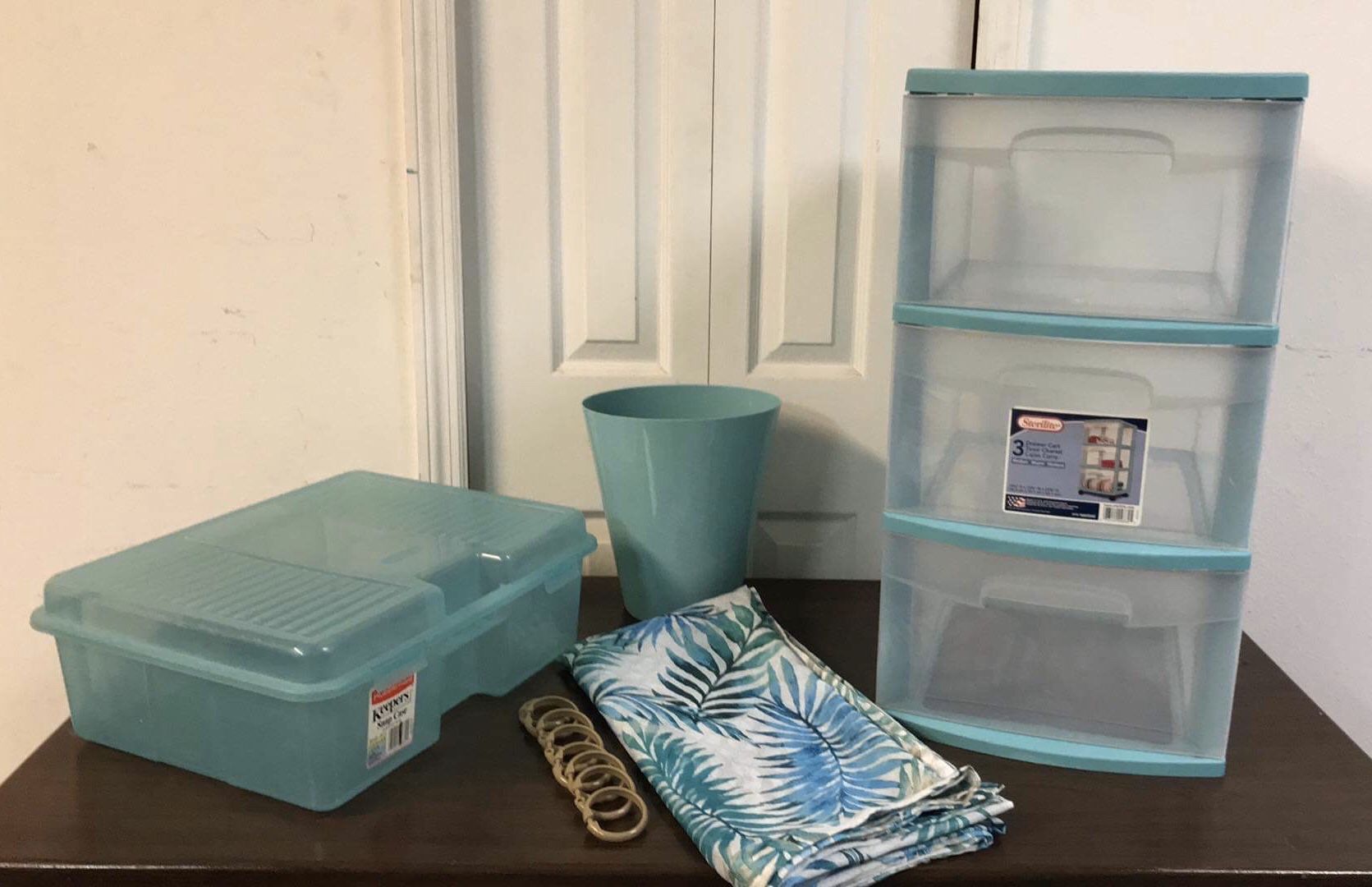 All the set, plastic storage buckets , bathroom curtains with hooks and a small basket