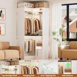 Corner Closet System With Shelves, 34'' Organizer With Hanging Rods, Wood Walk-in for Small Space, Freestanding Tower, L Shaped Garment Rack, White
