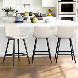 Set of 3 Counter Stool, 24 inch Modern Bucket Barstool, Faux Leather Bar Chair, Antique White