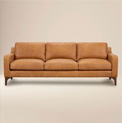 Tan Leather Mid-Century Modern Sofa
