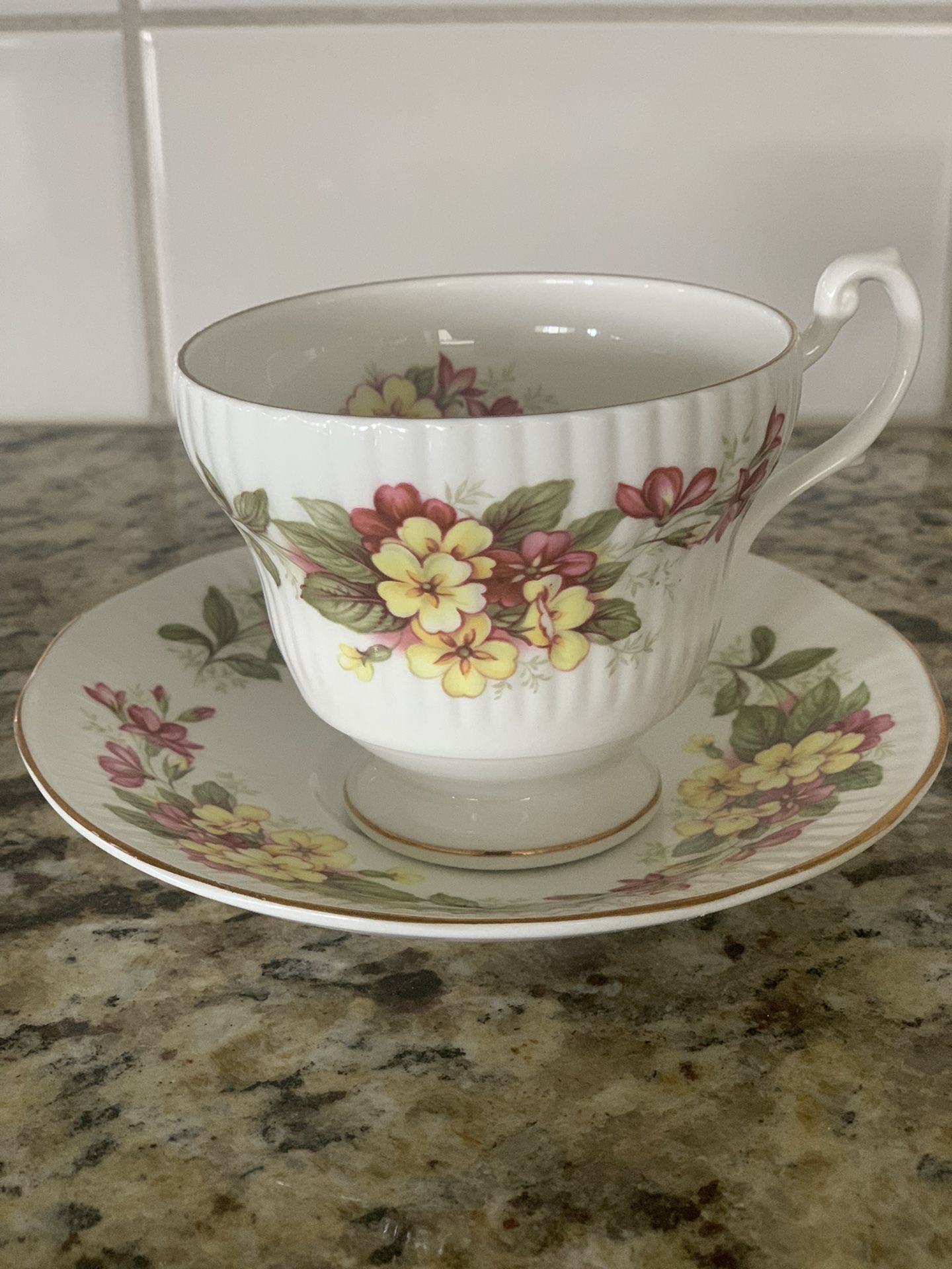 Vtg Royal Minster Bone China Yellow Pink Floral Footed Tea & Cup Saucer England