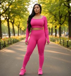 Hot Pink Ribbed Spandex Long Sleeved Crop Top and Leggings