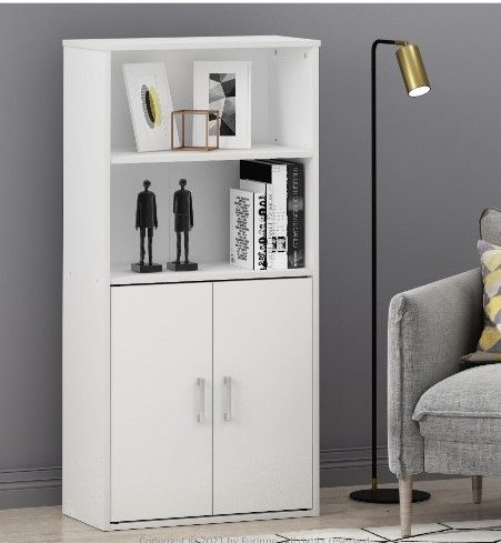 Storage Cabinet with 2 Open Shelves and 2 Doors, White