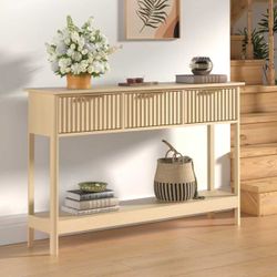 Fluted Console Table with Drawers, Modern 47.1" Entryway Table with Storage Shelf, Natural  