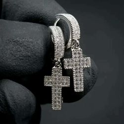 Exquisite Micro Pave 14K White Gold Plated Cubic Zirconia Cross Drop Dangle Men Women Earrings