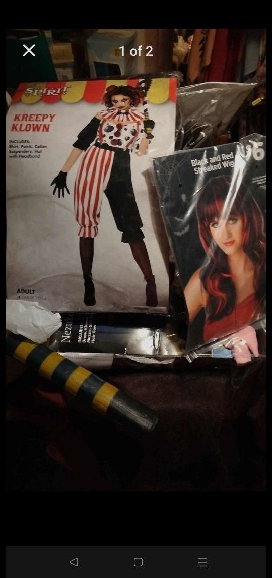 Creepy clown costume shirt pants color suspenders hat with headband.. and I have a lg hammer wig 🗡️