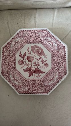 Spode Octagonal Red Transferware Floral Ceramic Plate