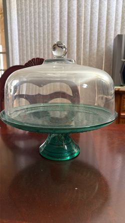 Green Glass Cake Stand with Dome Lid