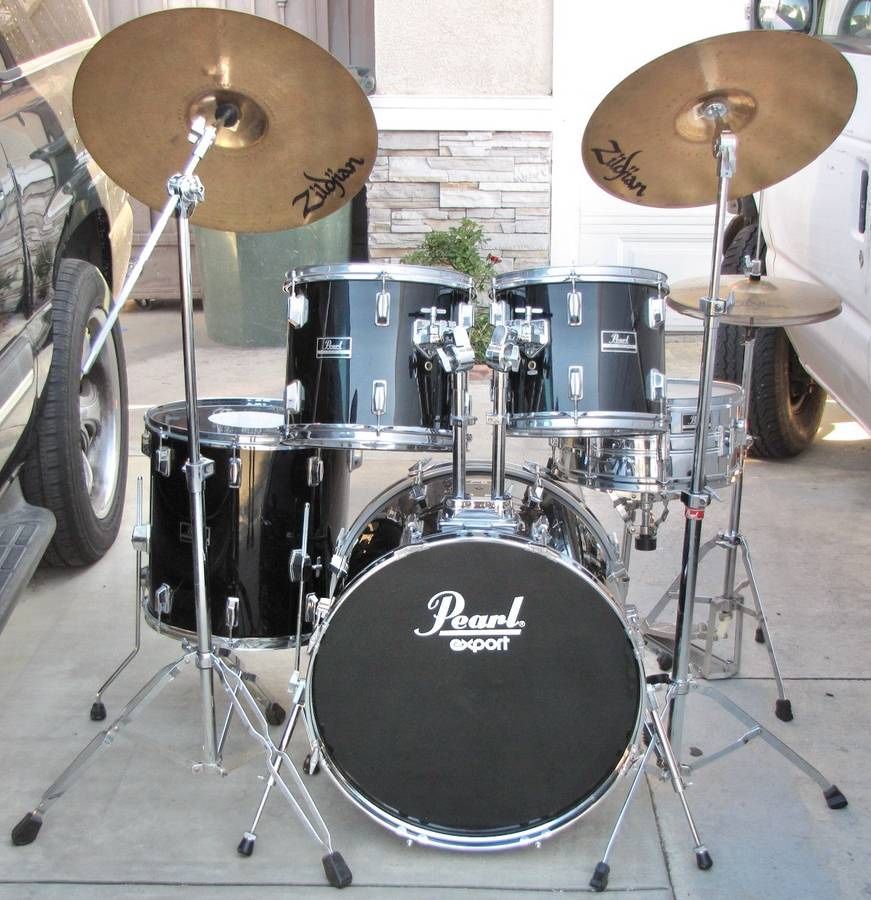 Pearl Export Black Drum Set With Zildjian Cymbals And Hardware